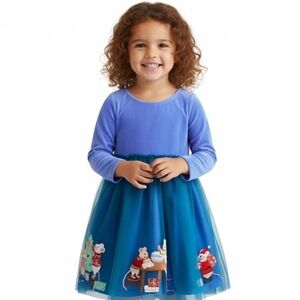 Mini Boden Girl's Velvet Tulle Applique Dress in Bluejay Festive Mice NEW 6 TO 7